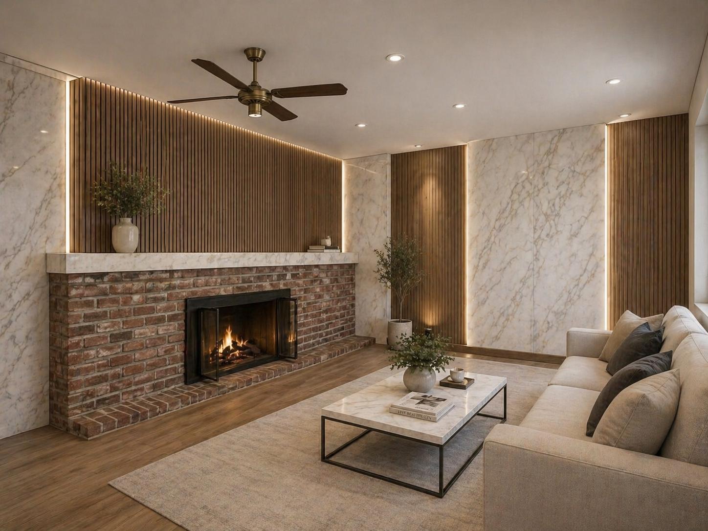 Sala con chimenea de ladrillo, paredes de mármol PVC y panel de lamas de madera