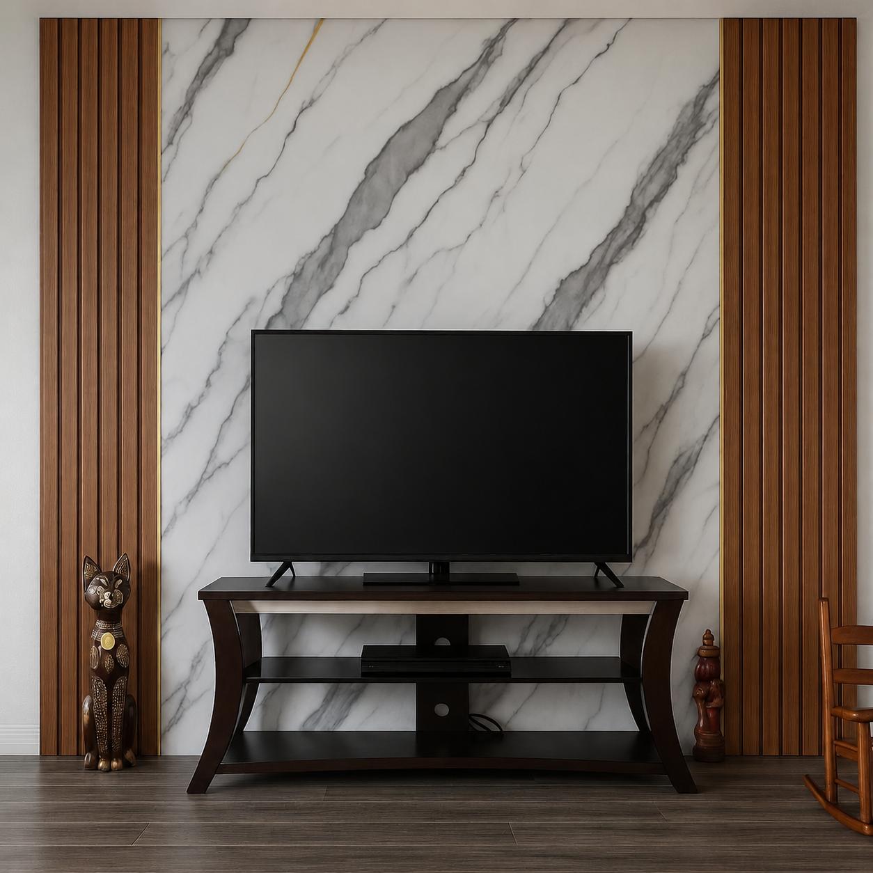Panel de televisor con mármol PVC blanco y molduras de madera
