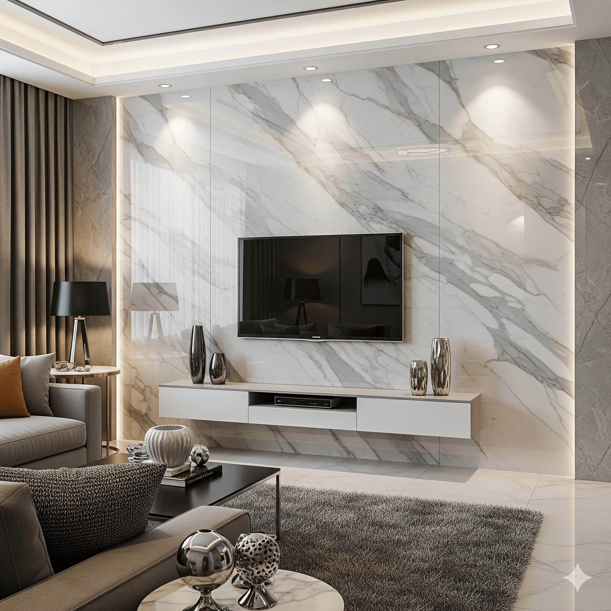 Sala moderna con muro de TV en láminas de mármol UV Calacatta